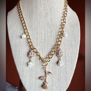 Gold Rose Pendant & White Rose Charm Necklace